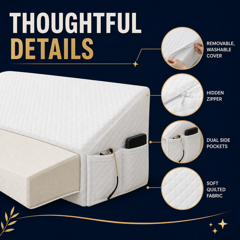 Adjustable bed wedge pillow with washable cover zipper and side pockets alternate view