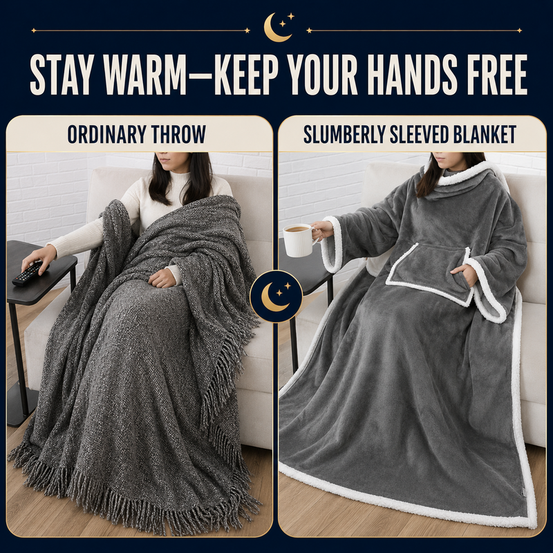 Hands-free sleeved blanket compared with an ordinary throw alternate view
